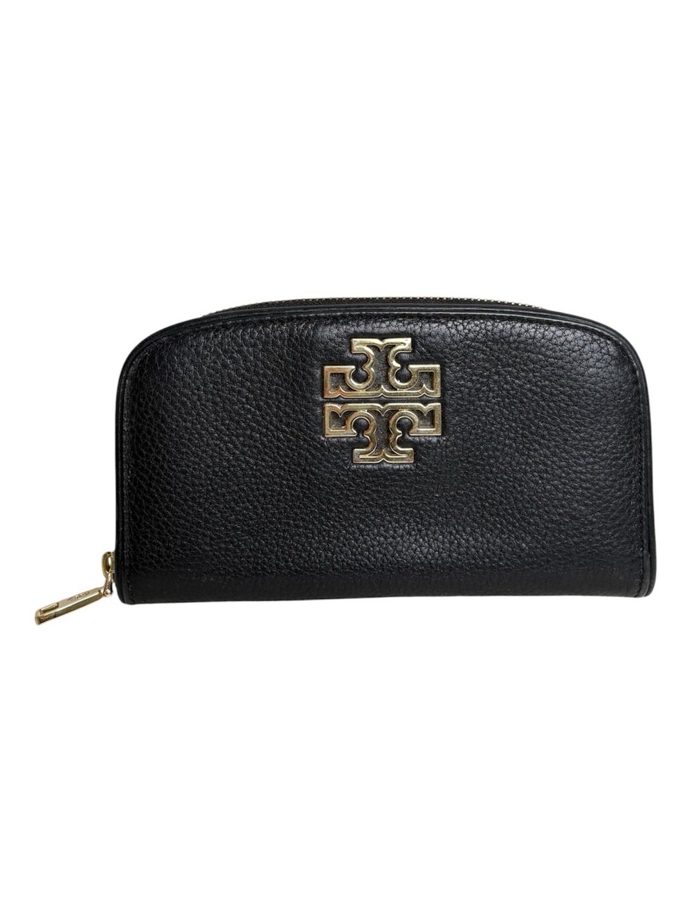 TORY BURCH Pebbled Leather Zip Wallet Black and Gold